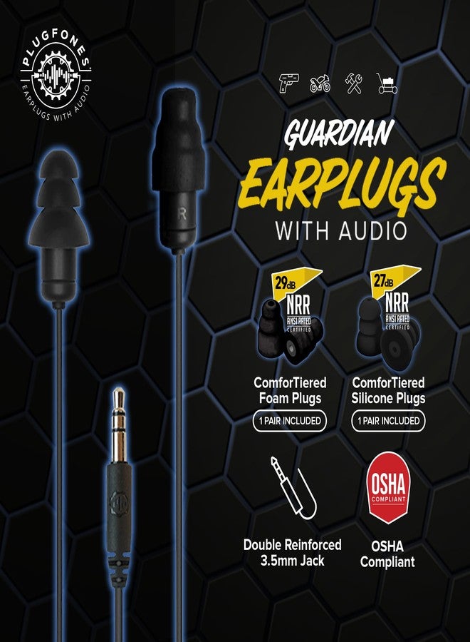 Plugfones سماعات أذن Plugfones Guardian - سماعات أذن داخلية عازلة للضوضاء متوافقة مع معايير OSHA، مزودة بحماية للسمع - تصميم هجين سلكي للعمل والسفر - تتضمن سدادات أذن من السيليكون والإسفنج - أسود - Image 2